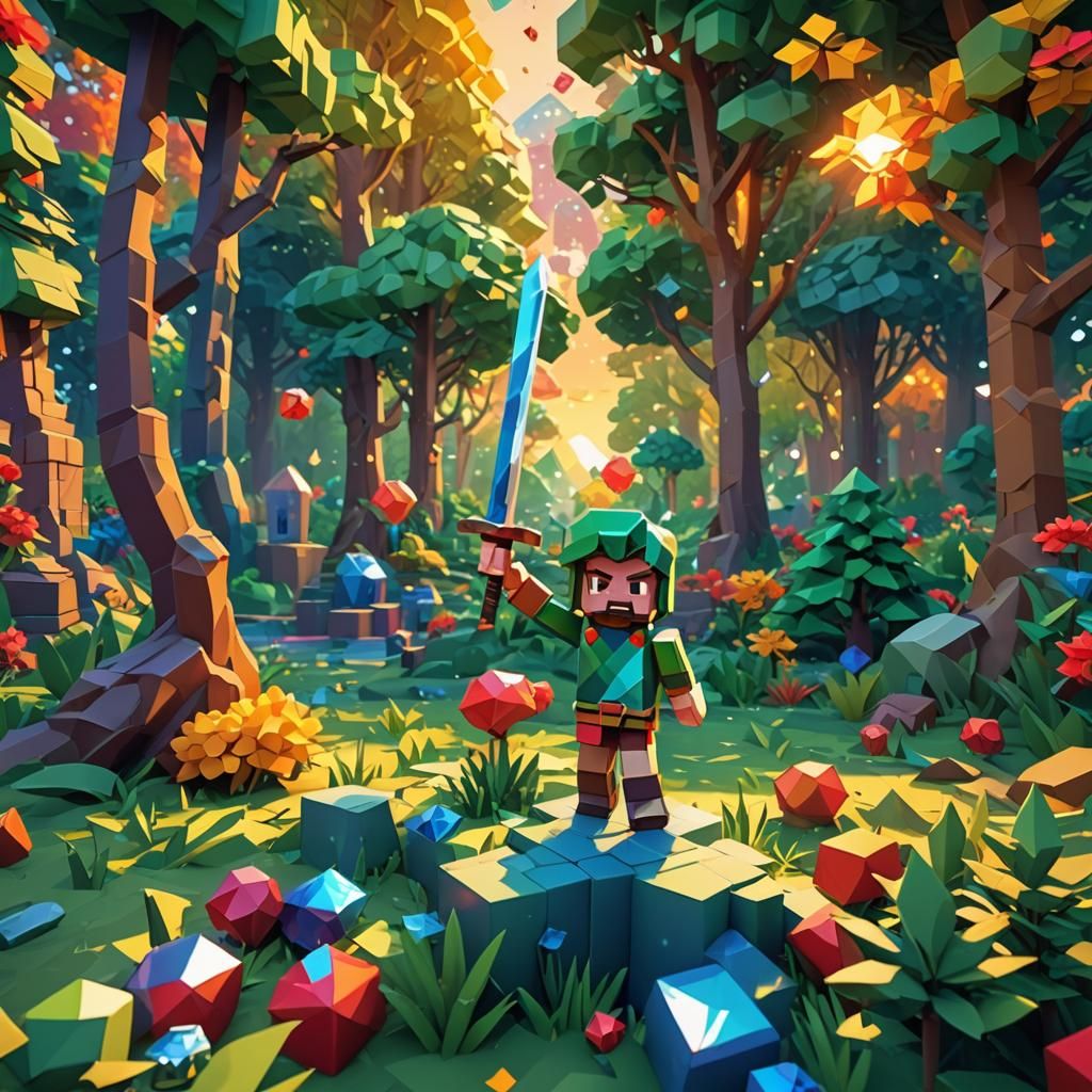 Blocky World Character with Diamond Sword in Sunset