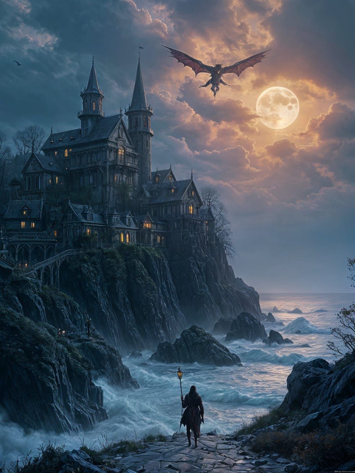 Dark Fantasy Village Under Moonlit Storm with Dragon
