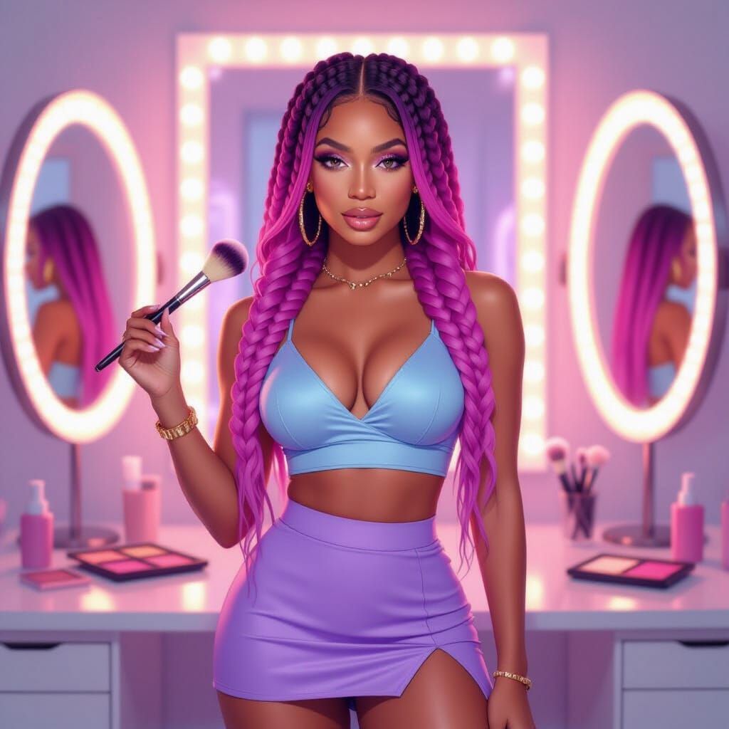 Golden-Toned Woman with Pink Purple Braids in Beauty Studio