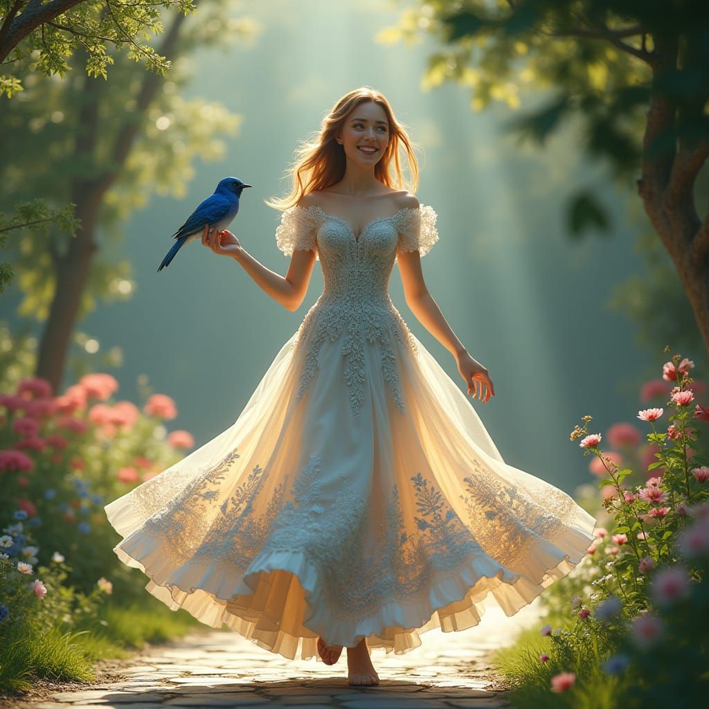 Elegant European Woman in Whimsical Garden Scene
