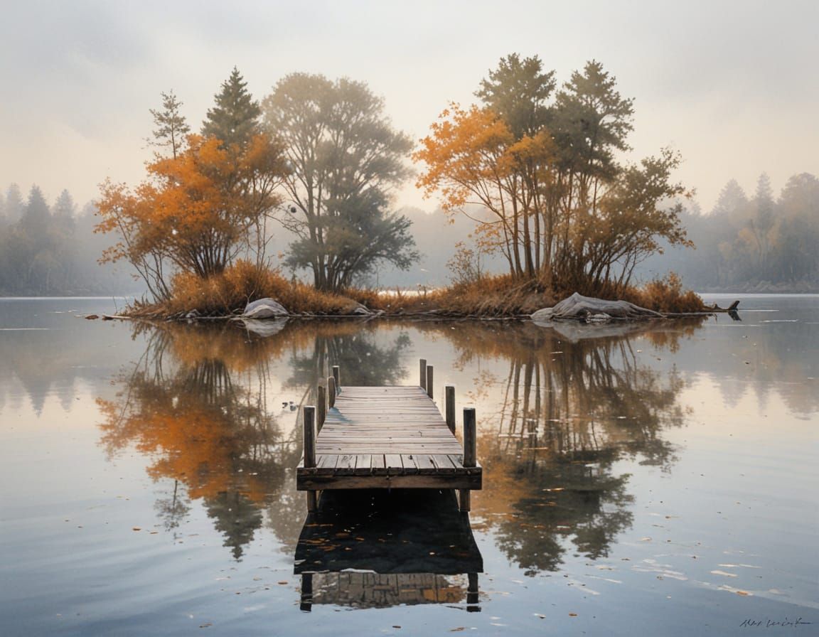 Tranquil Lakeside Dawn in Painterly Realism Style