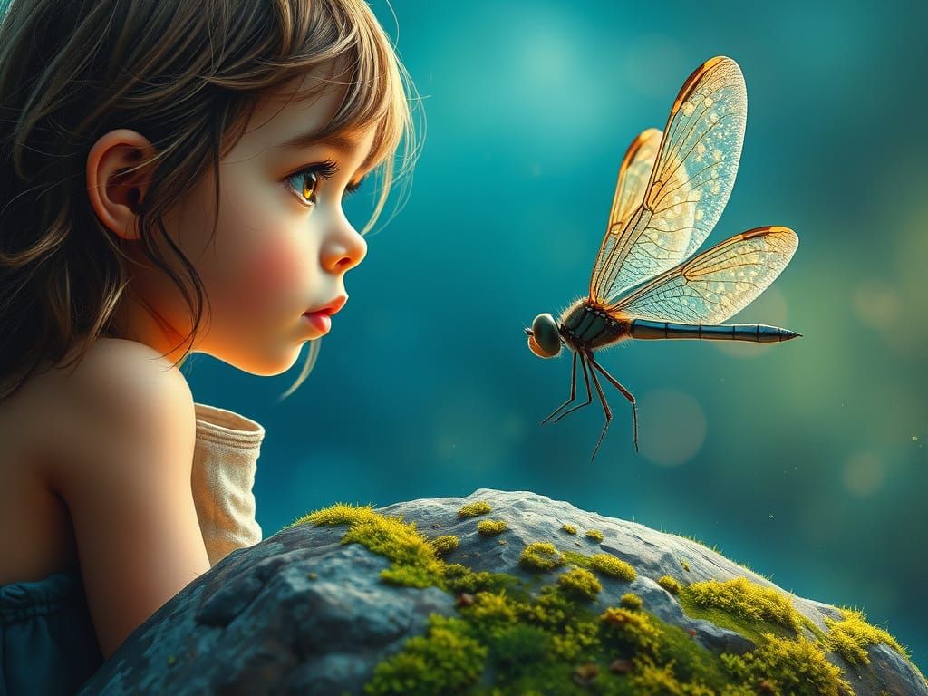 Girl Contemplating Dragonfly in Whimsical Oil Painting Style
