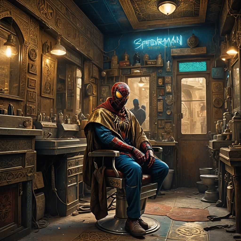 Spiderman in Iraqi Barber Shop with Cyborg Enhancements