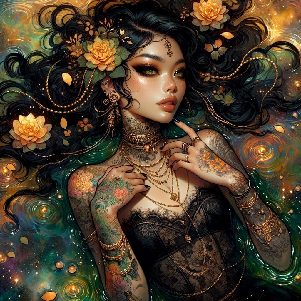 Mysterious Water Nereid in Vibrant Green and Gold