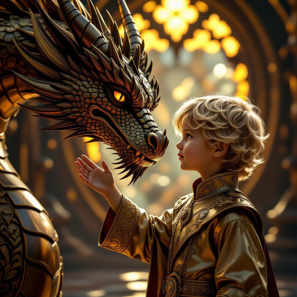 Boy and Dragon in Art Nouveau Fantasy Style