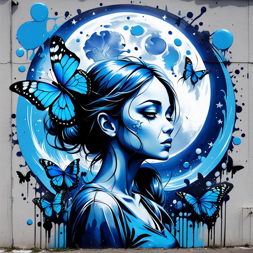 Graffiti Art of Girl with Butterfly and Moon