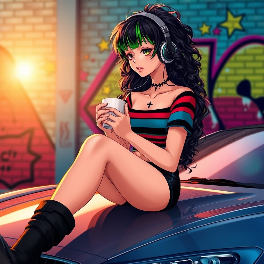 Ethereal Emo Girl in Neon Dreamscape