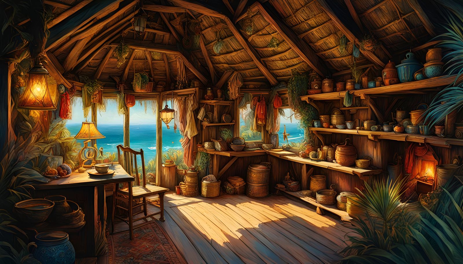 Treasure Island Hut Folk Art Illustration