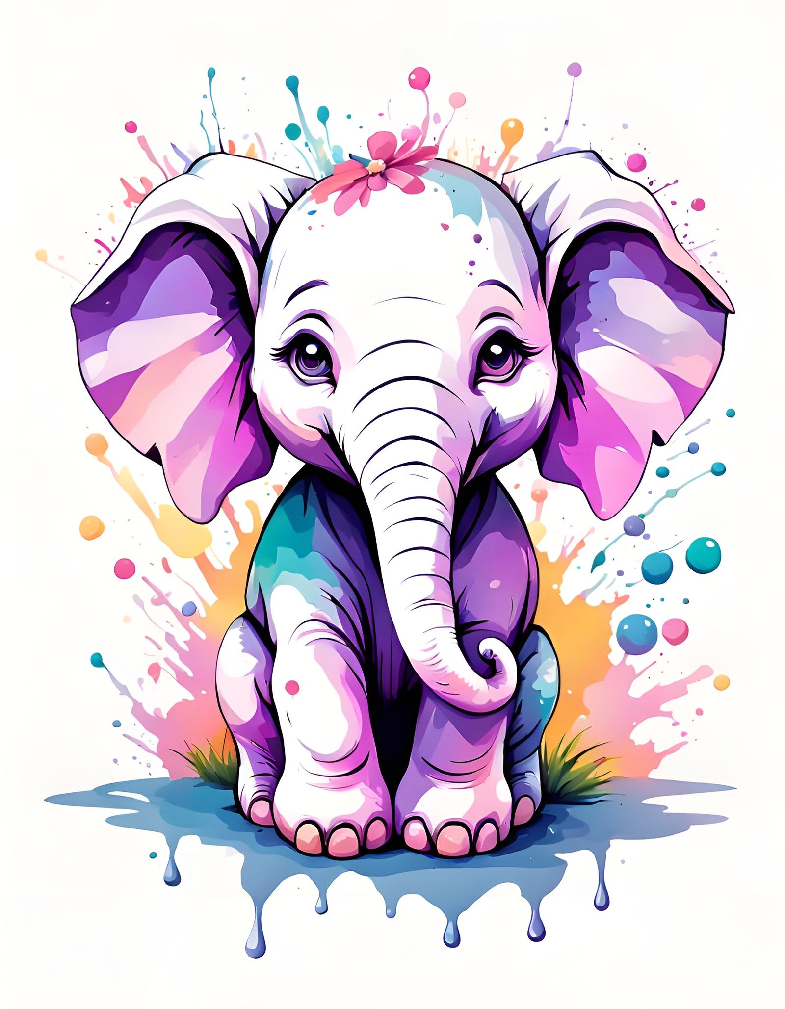 Cute Elephant with Fantasy Flowers in Studio Ghibli Style