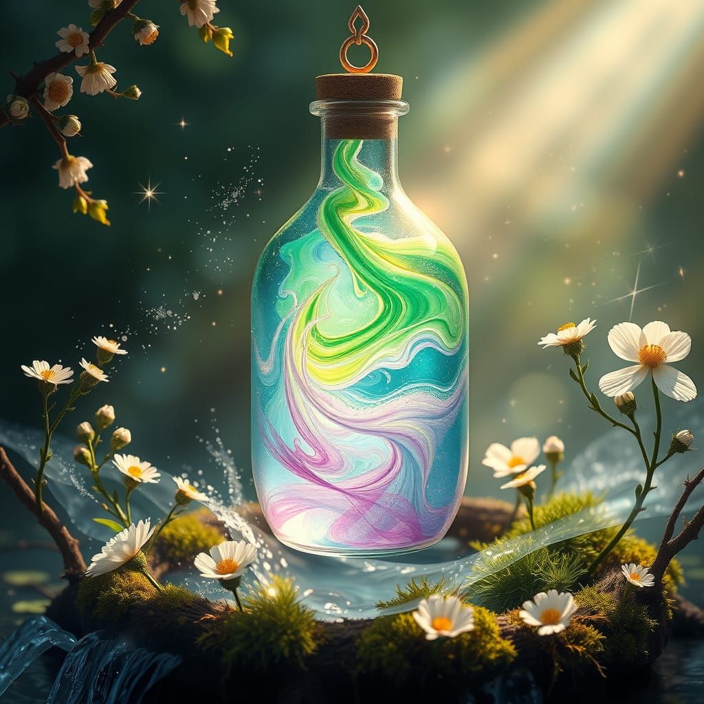 Glowing Crystalline Vial with Swirling Liquid Essence