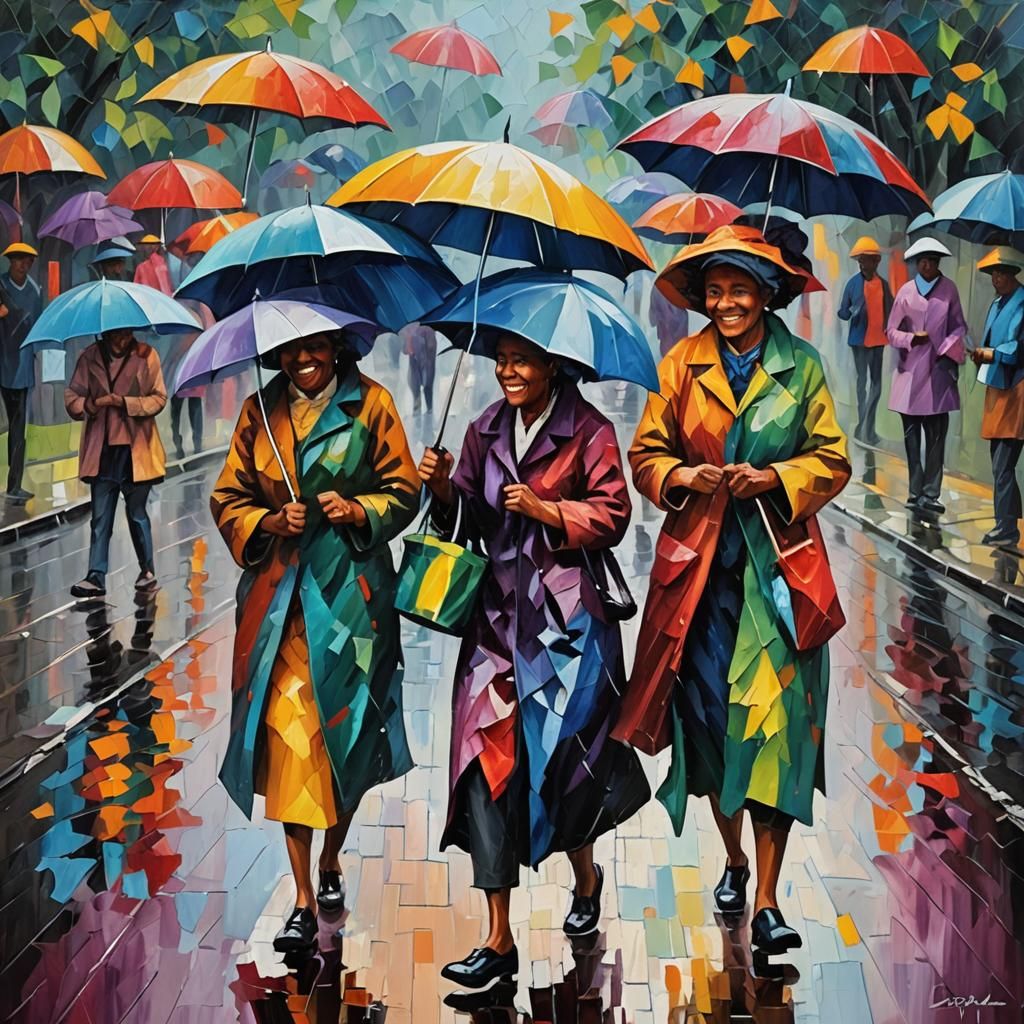 Happy Black Women in Rainy Neo-Impressionist Style