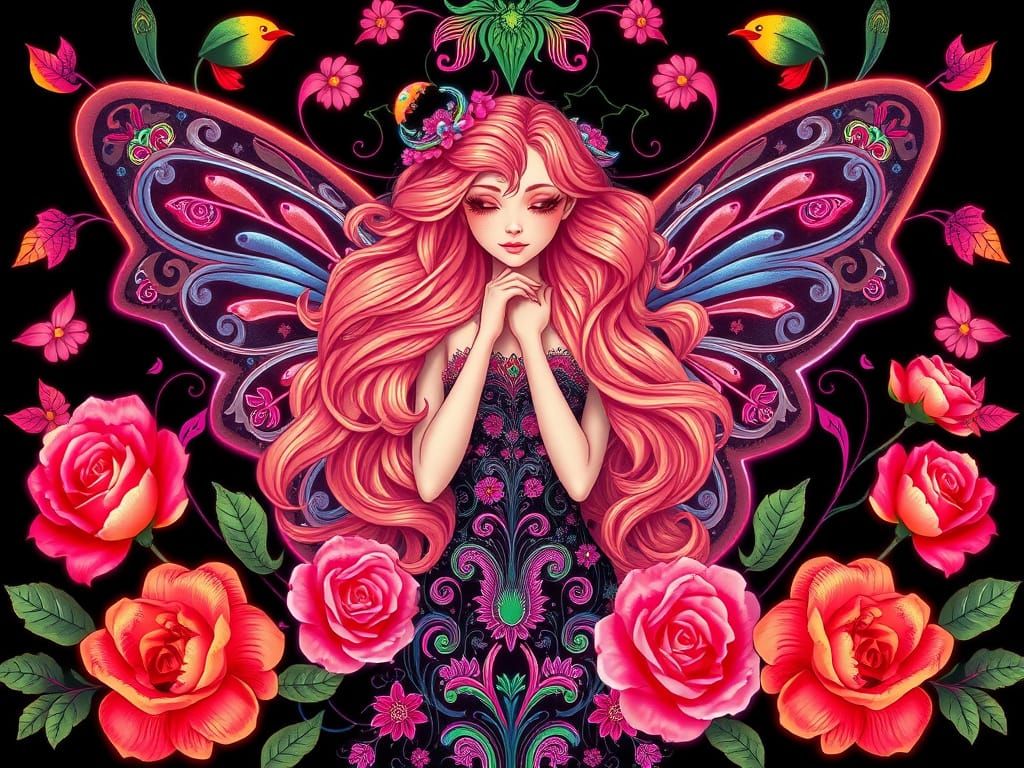 Elegant Rose Fairy in Psychedelic Bloom