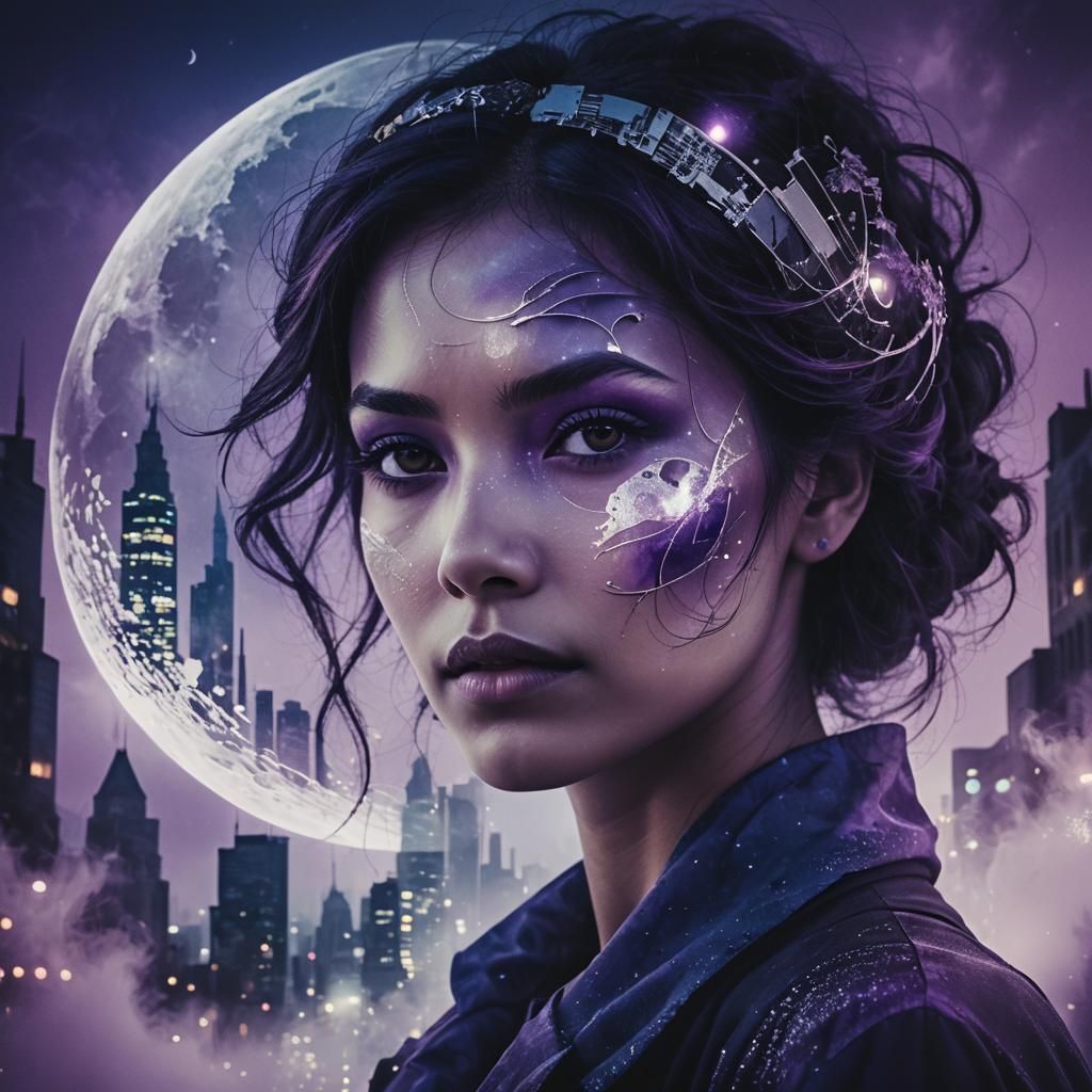 Double Exposure Portrait with Moon and Cityscape