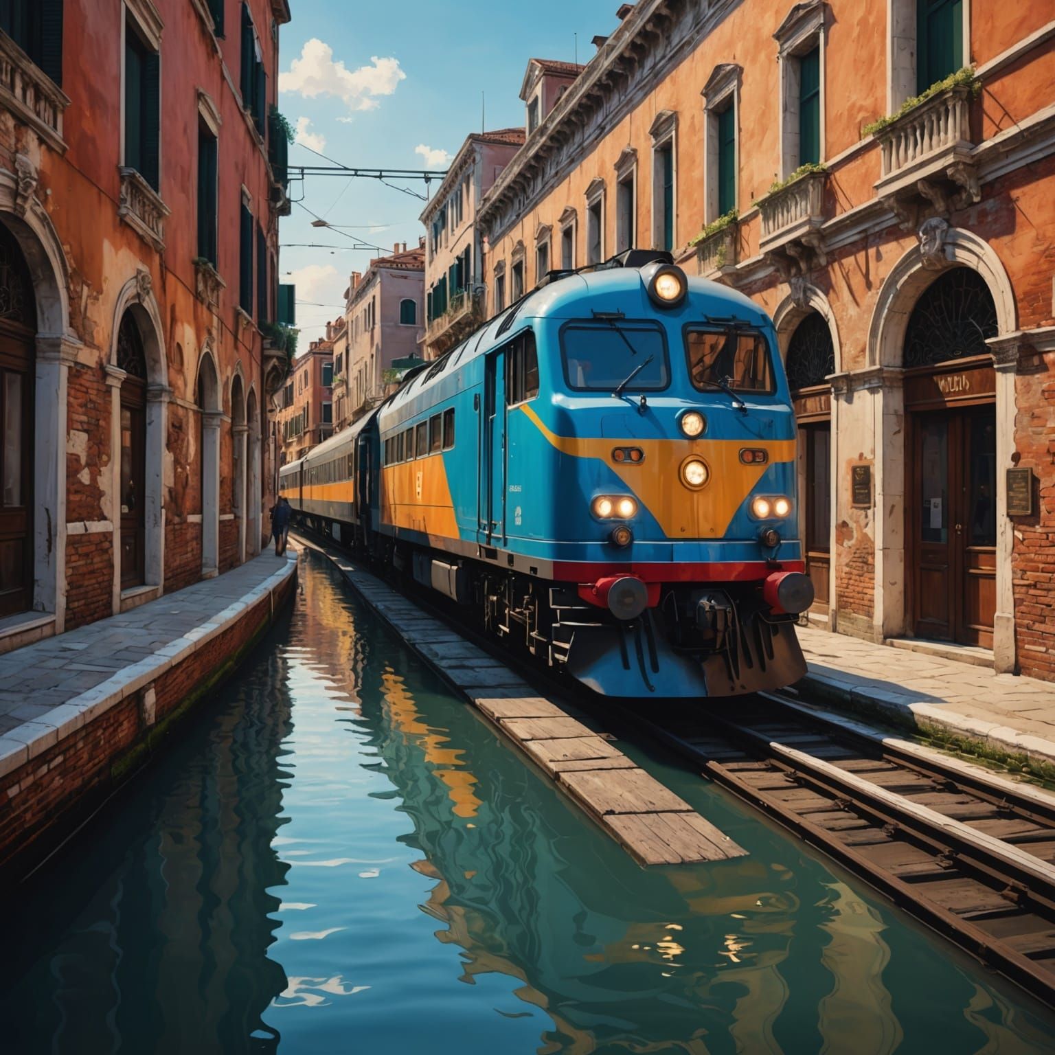 Hyperrealistic Train at Venice Station in Splash Art Style