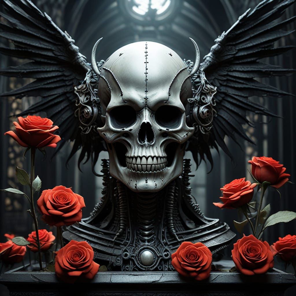 Gothic Horror Masterpiece: Skull Surrounded by Red Roses and...