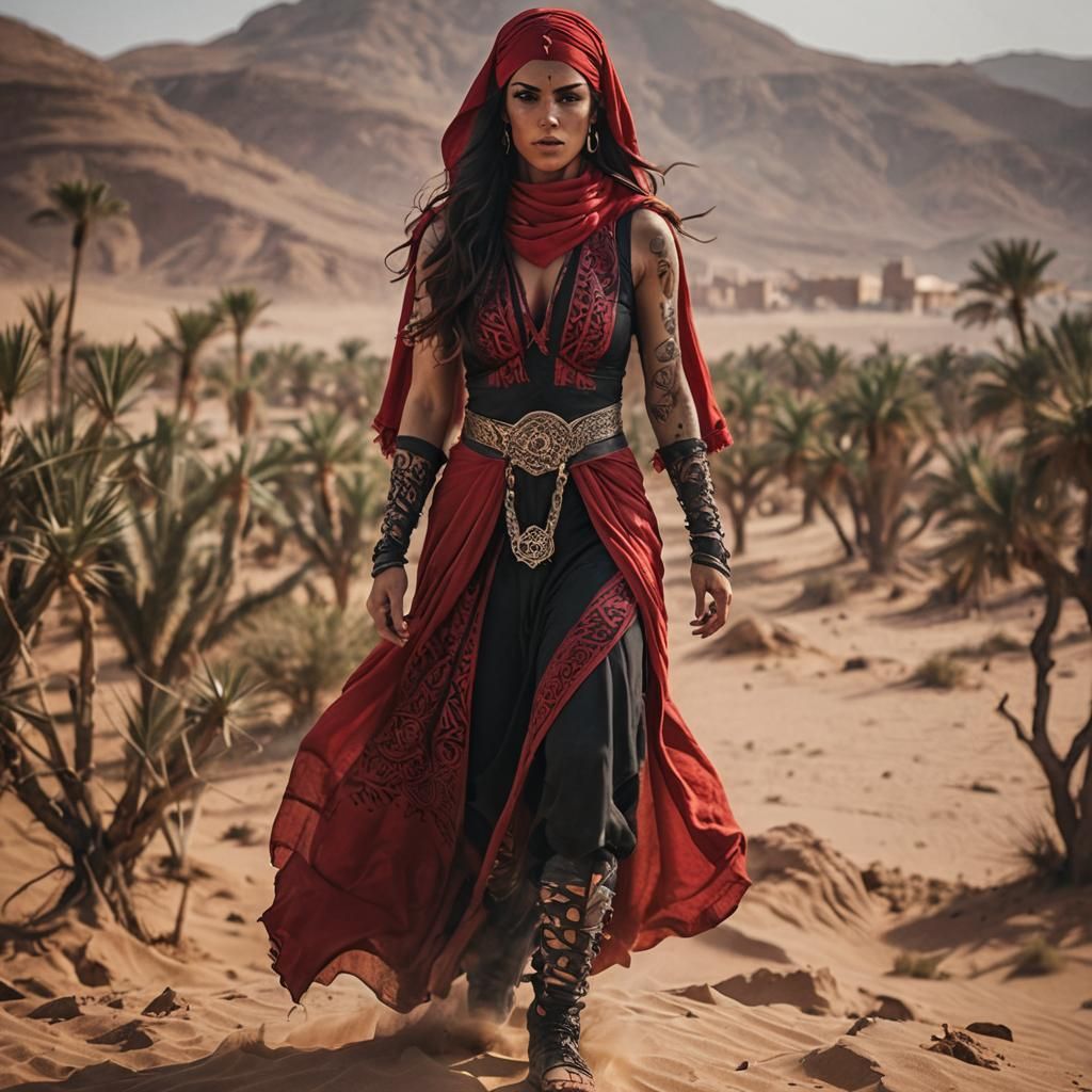 Arabian Assassin in Morocco Desert, Cinematic Photo