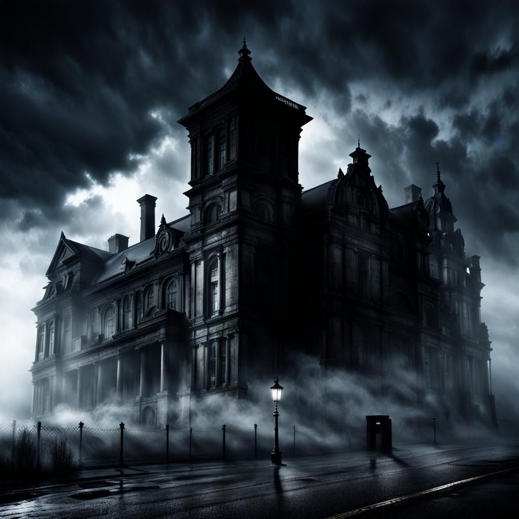 Dystopian Cityscape in Rain and Mist