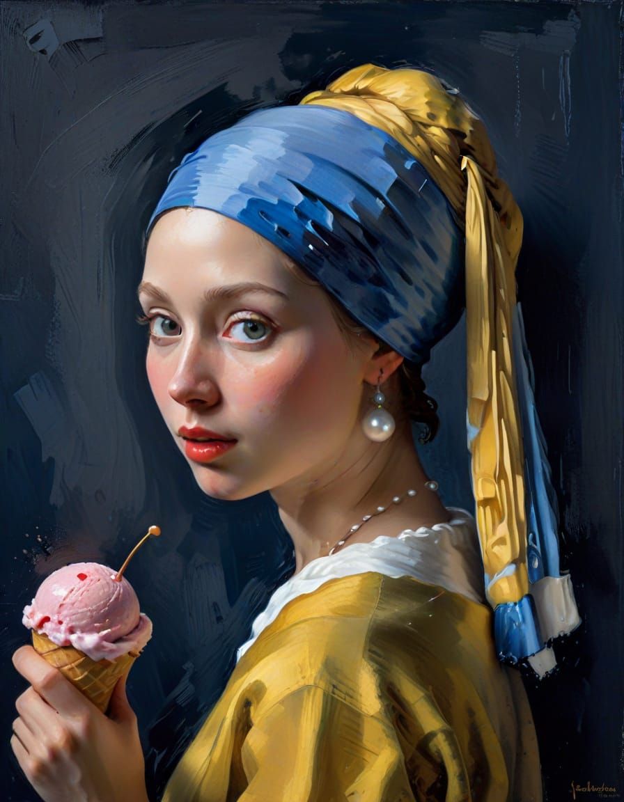 Girl with a Pearl Earring with Ice Cream, as Impasto Paintin...