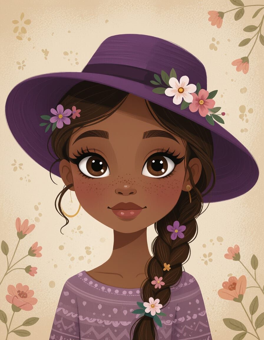 Stylized African American Girl with Flowers and Purple Hat