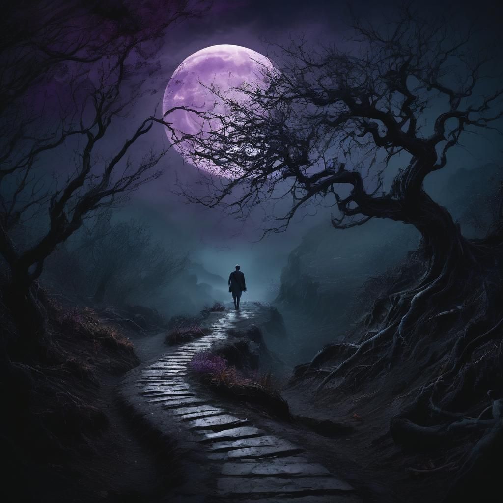 Ominous Traveler Under Black Moon: Dark Fantasy Art