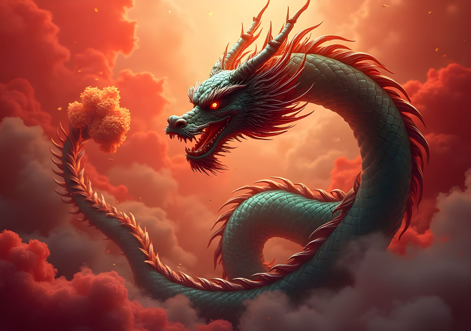 Chinese Dragon on Red Background, Detailed Matte Painting