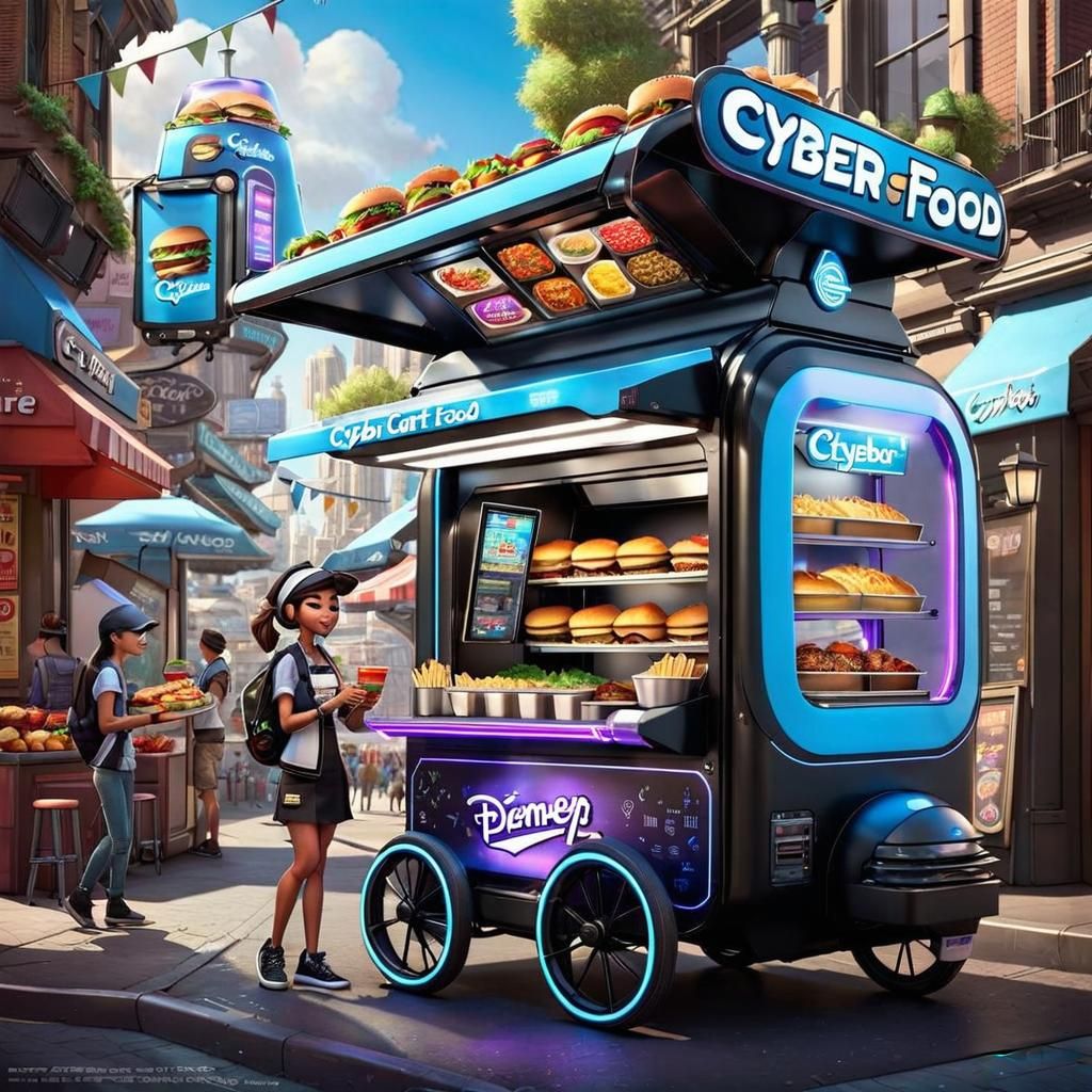 Cybernetic Food Cart Vendor in Cyberpunk Style