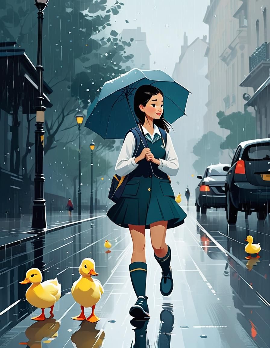 School Girl Walking in Rain: Digital Illustration