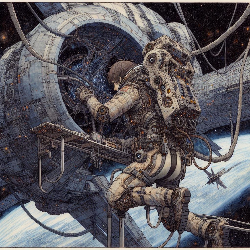Space Explorer Repairing Ship Amidst Cosmic Wonder
