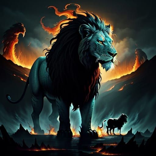 Majestic Dragon Lion Spits Fire in Dark Fantasy Scene
