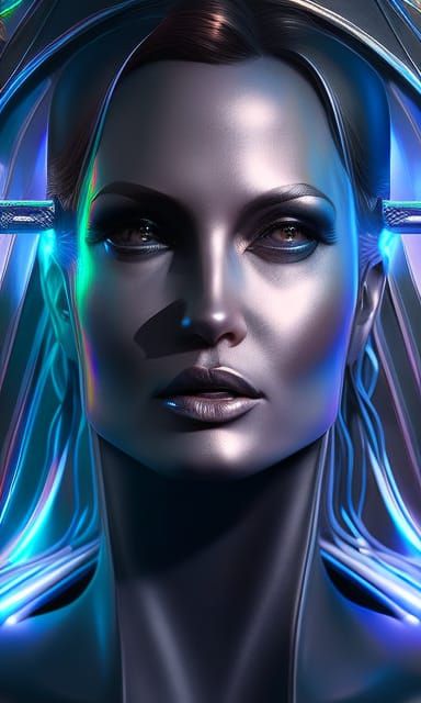 Angelina cyberpunk noctilucent iridescent long exposure Horde3D head and shoulders portrait, 8k resoluti...