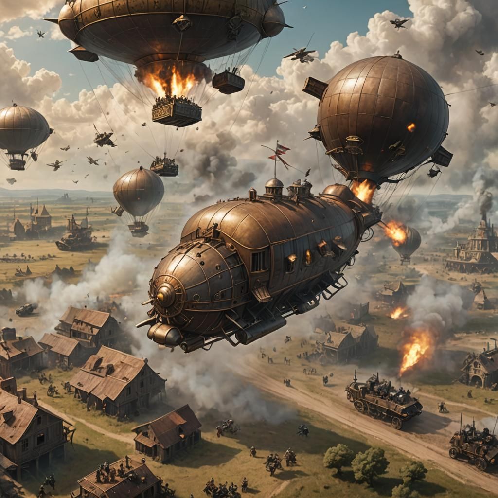 Airship Over Battlefield with Steampunk Knights