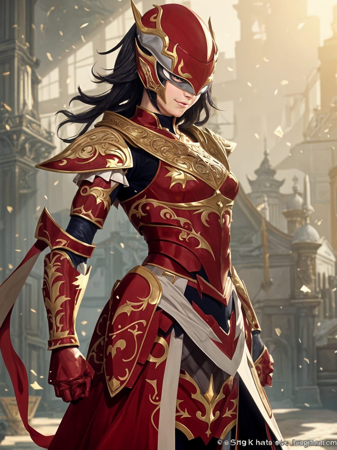 Regal Female Knight in Red and White Plate Armor