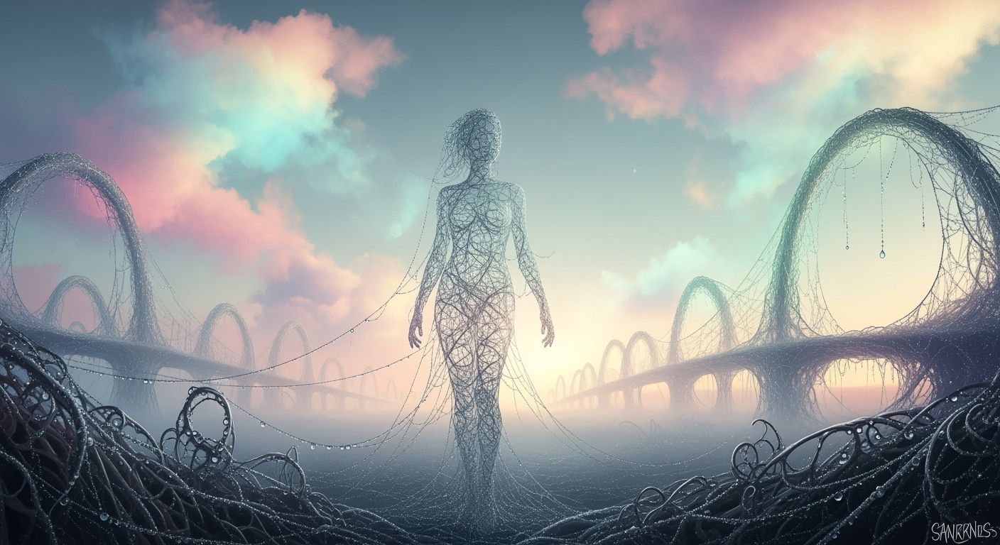 Ethereal Spiderweb Woman in Surreal Landscape