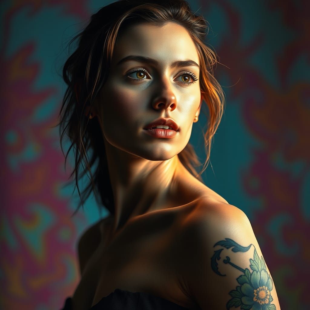 Confident Woman with Intricate Tattoo in Vibrant Background
