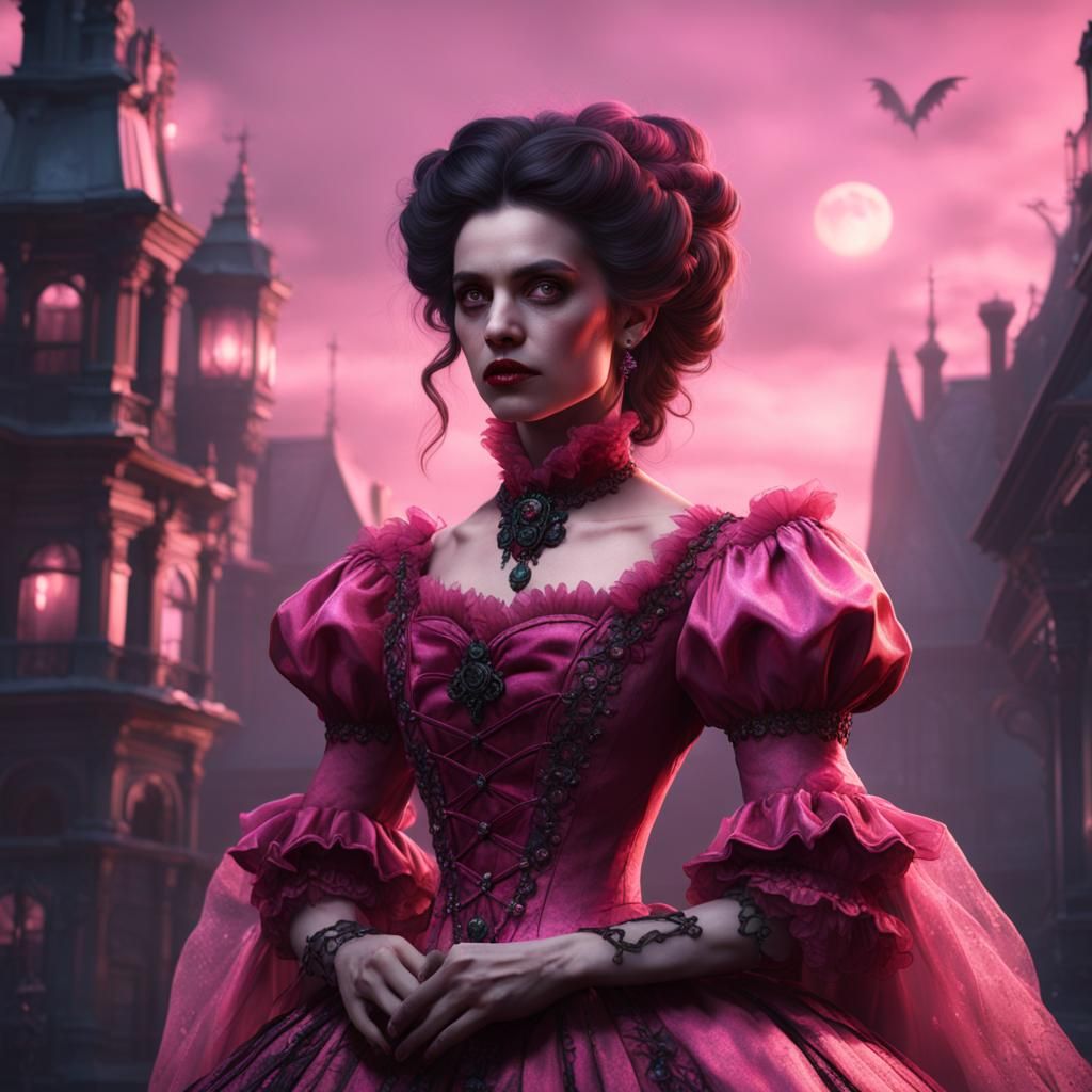 Vampire in Pink Victorian Dress: Detailed Matte Painting