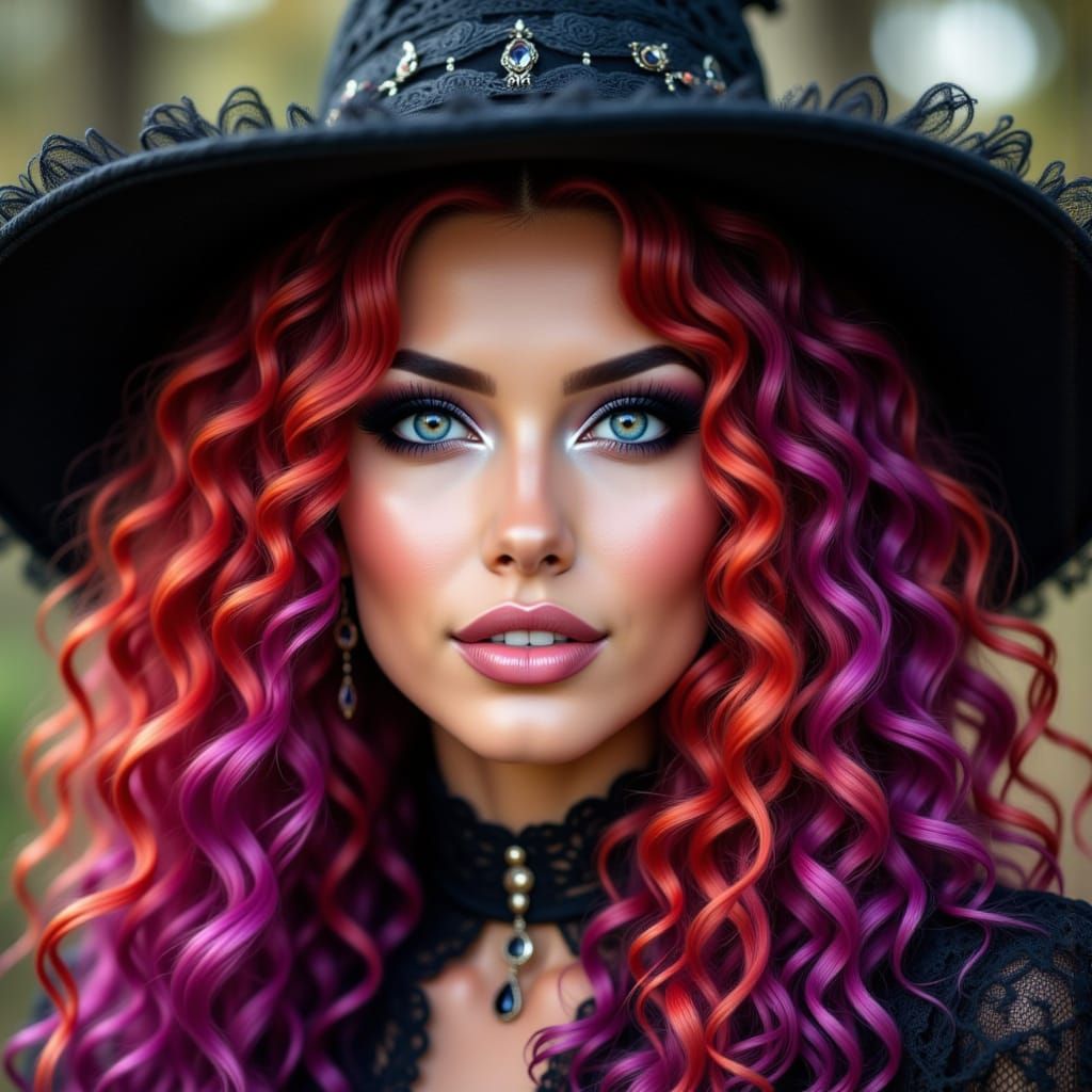Halloween Witch with Red and Purple Curly Hair