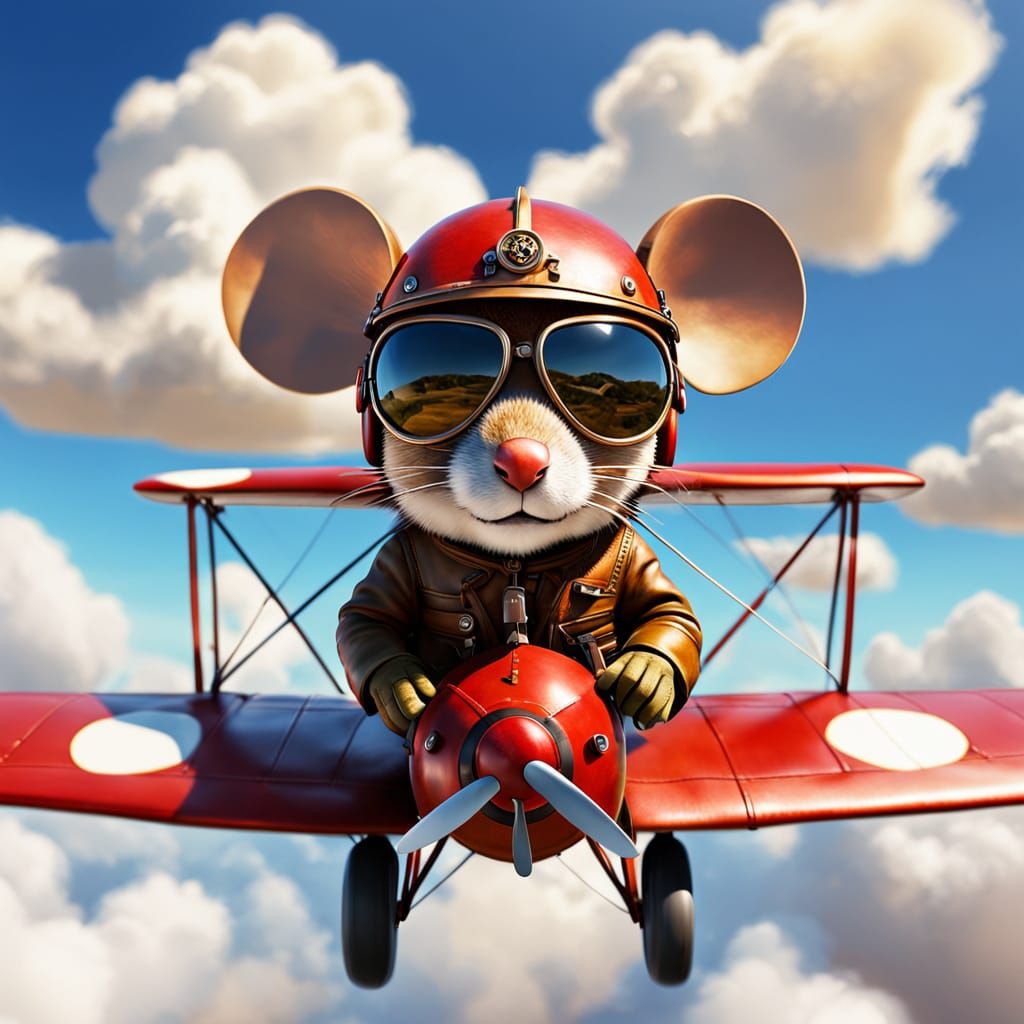 Mouse Pilot Flies Red Biplane: Digital Art