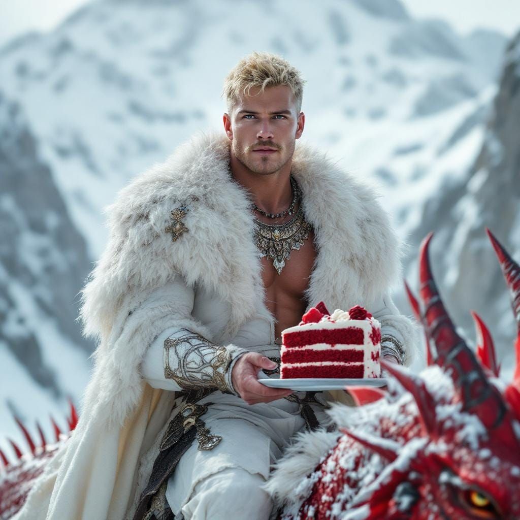 Man Riding Dragon with Cake, Digital Art