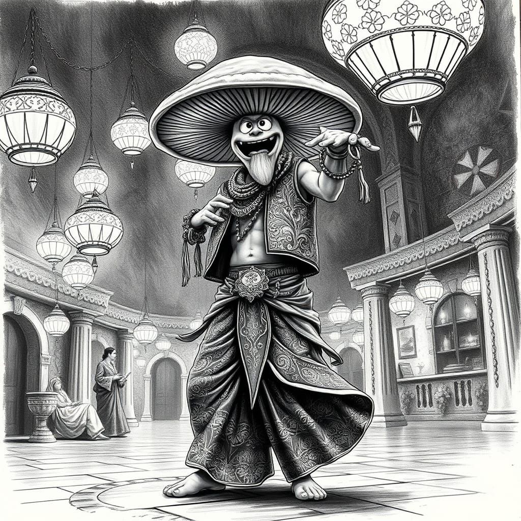 Mushroom Belly Dancer in Arabian Nights: Charcoal Drawing
