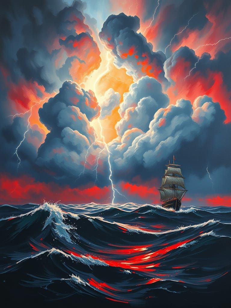 Dramatic Lighthouse Painting in Stormy Seas