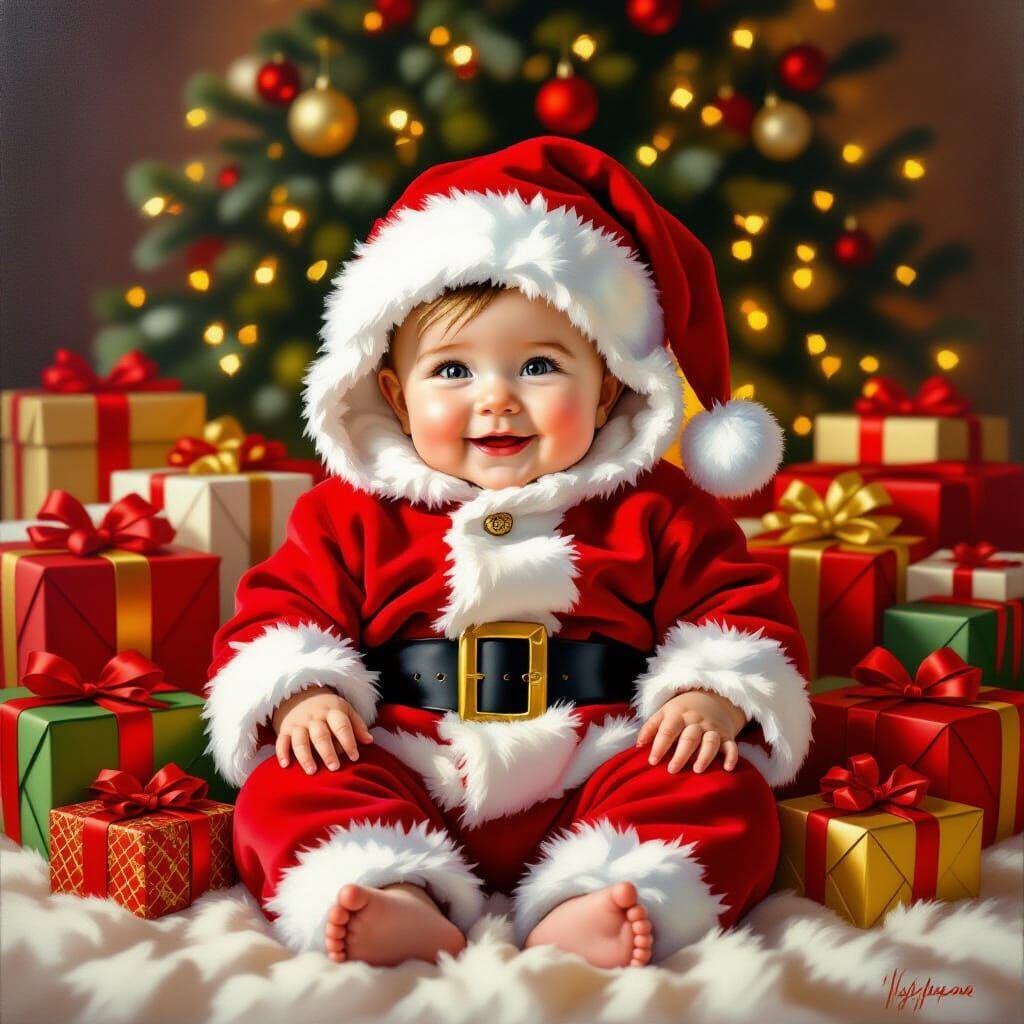 Joyful Baby in Santa Outfit Amidst Christmas Gifts