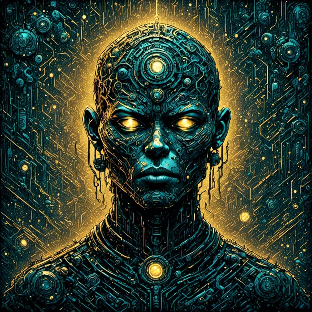 Cyberpunk Anunnaki Deity in Tokyo Linocut