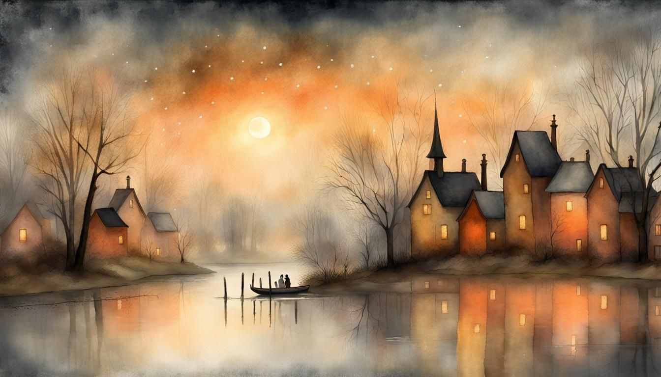 Victorian Village Bathed in Starlight, Misty Evening Atmosph...