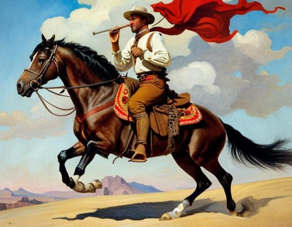 Man on Horseback with Canopy: Western Art Style