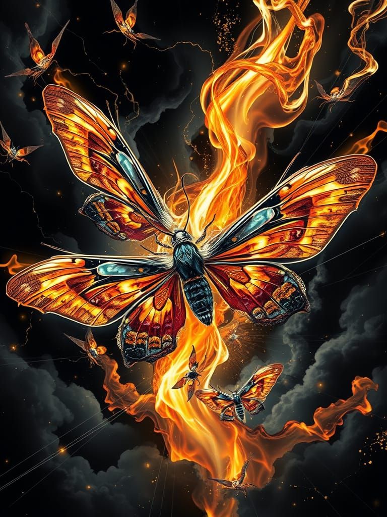 Bioluminescent Lunar Moths Swirl Around Fiery Black Liquid