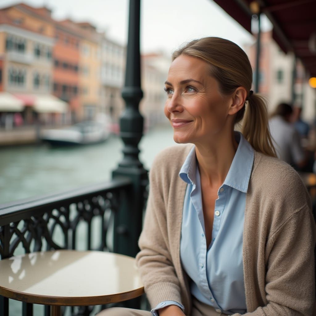 Woman Observes Venetian Canal in Photorealistic Style