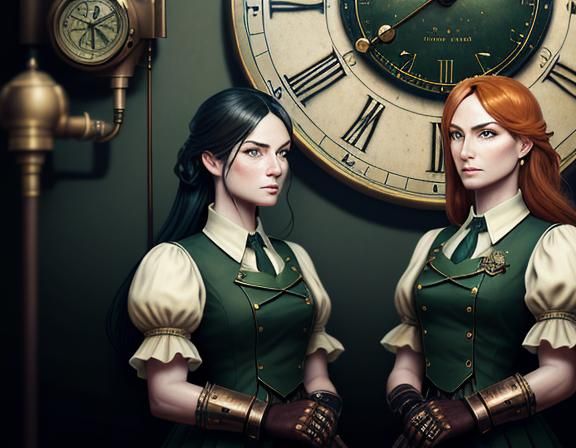 Steampunk Twins in Time Machine: Dark Fantasy Art