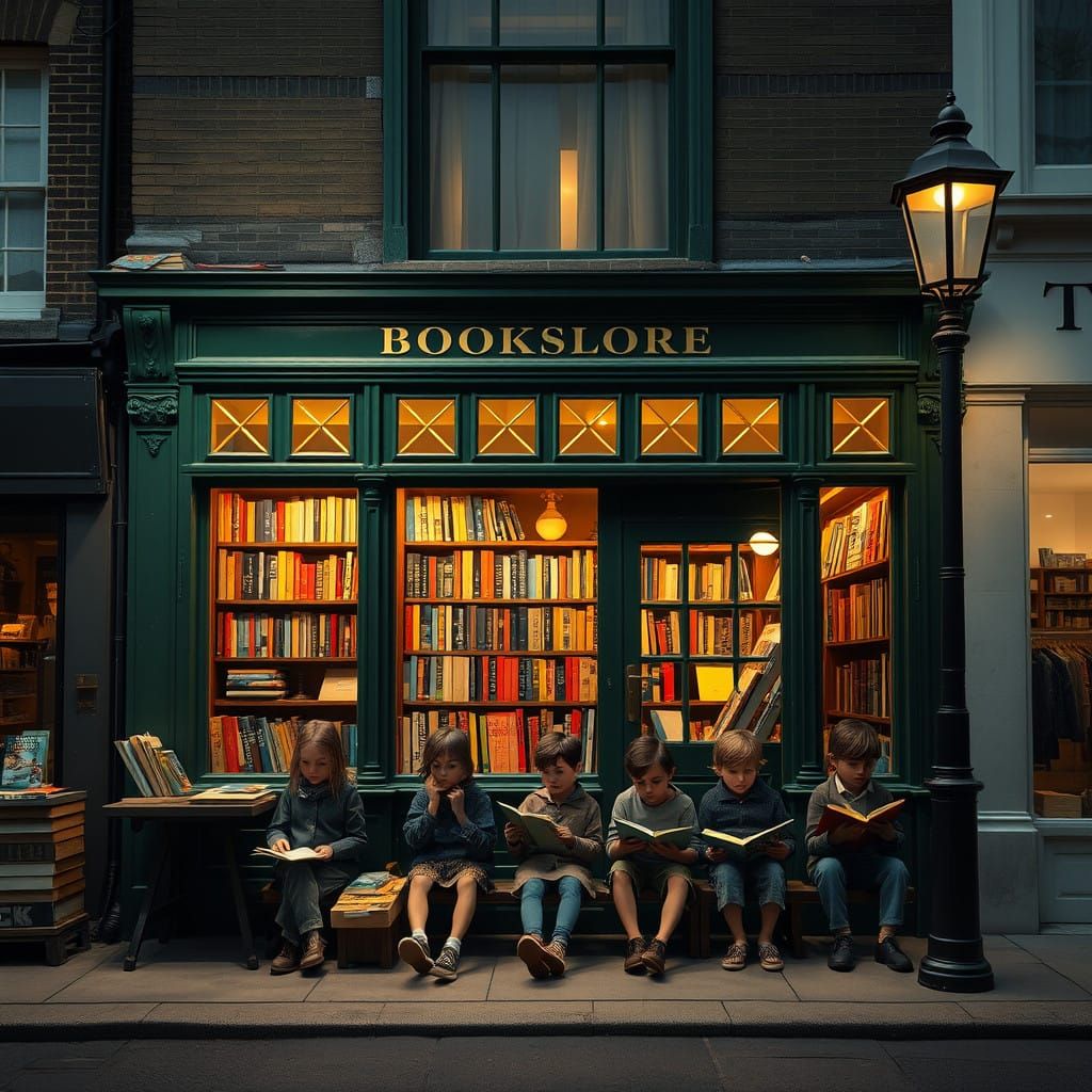Quaint Notting Hill Bookstore Scene in Golden Hour Light