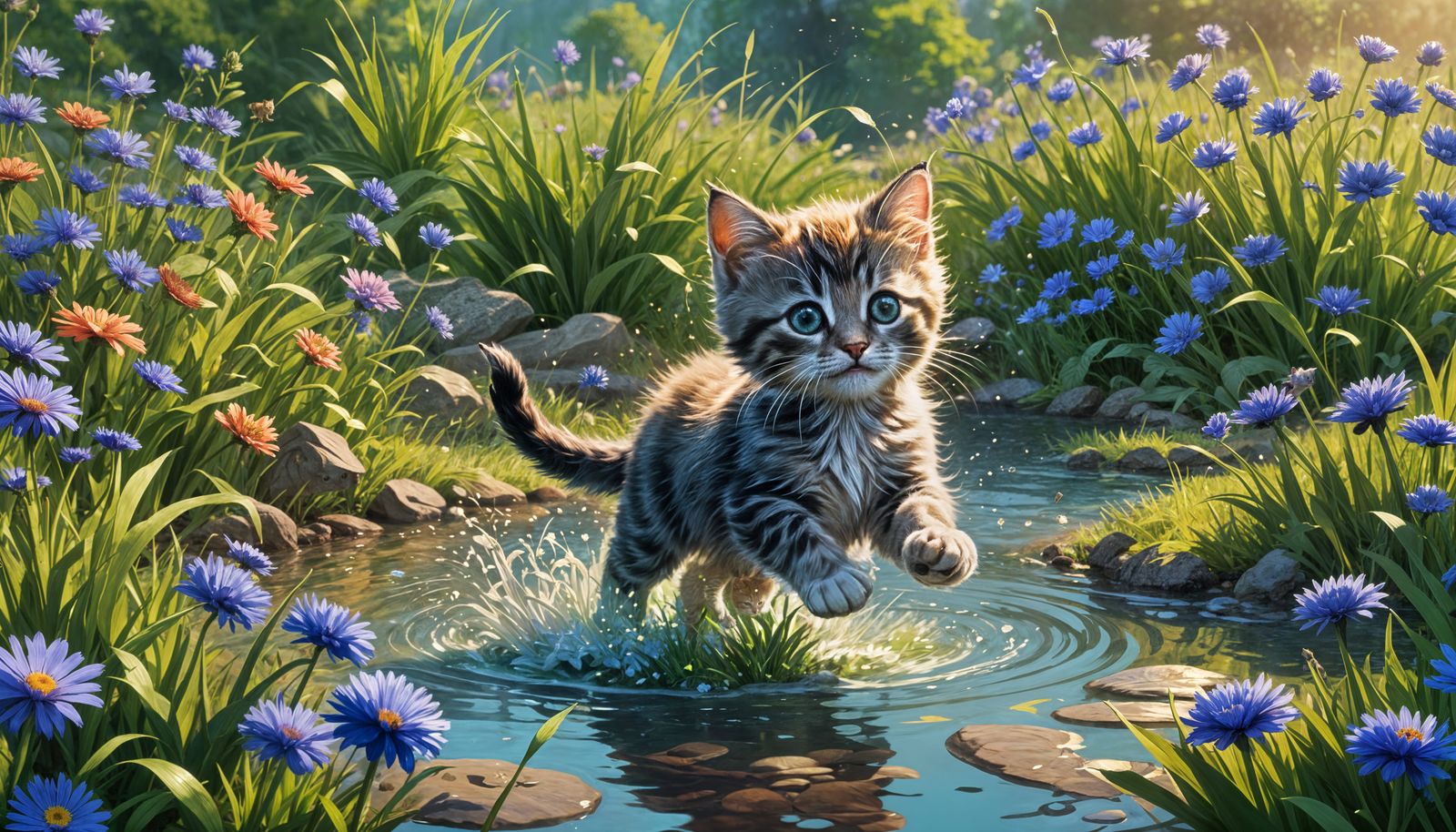 Kitten Leaping Over Stream: 3D Digital Art
