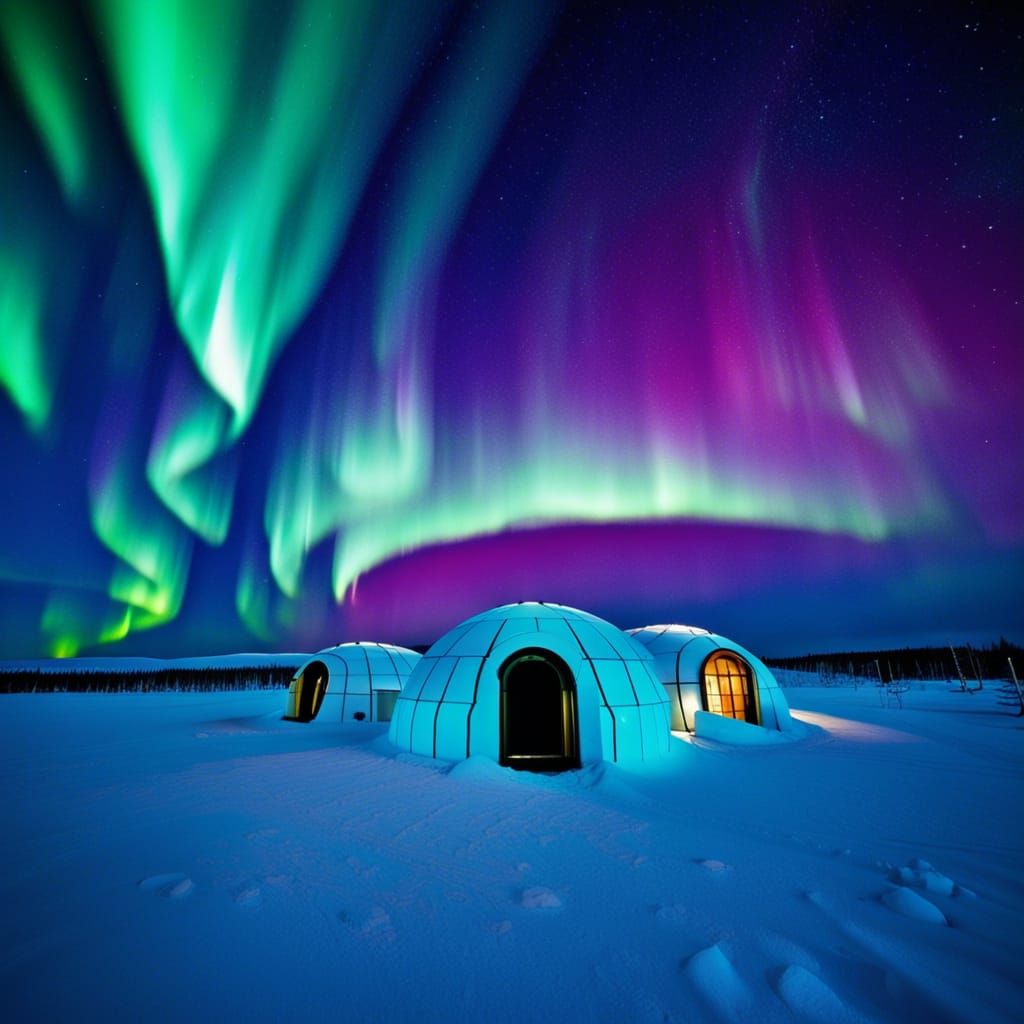 Igloo Hotel Under Northern Lights in Arctic